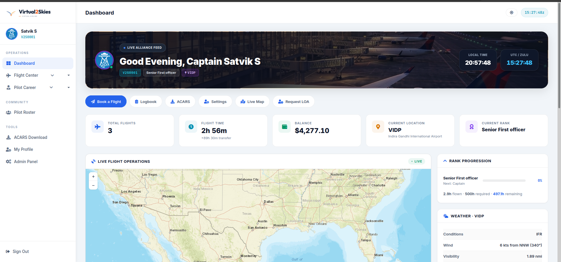 Virtual2Skies pilot portal dashboard
